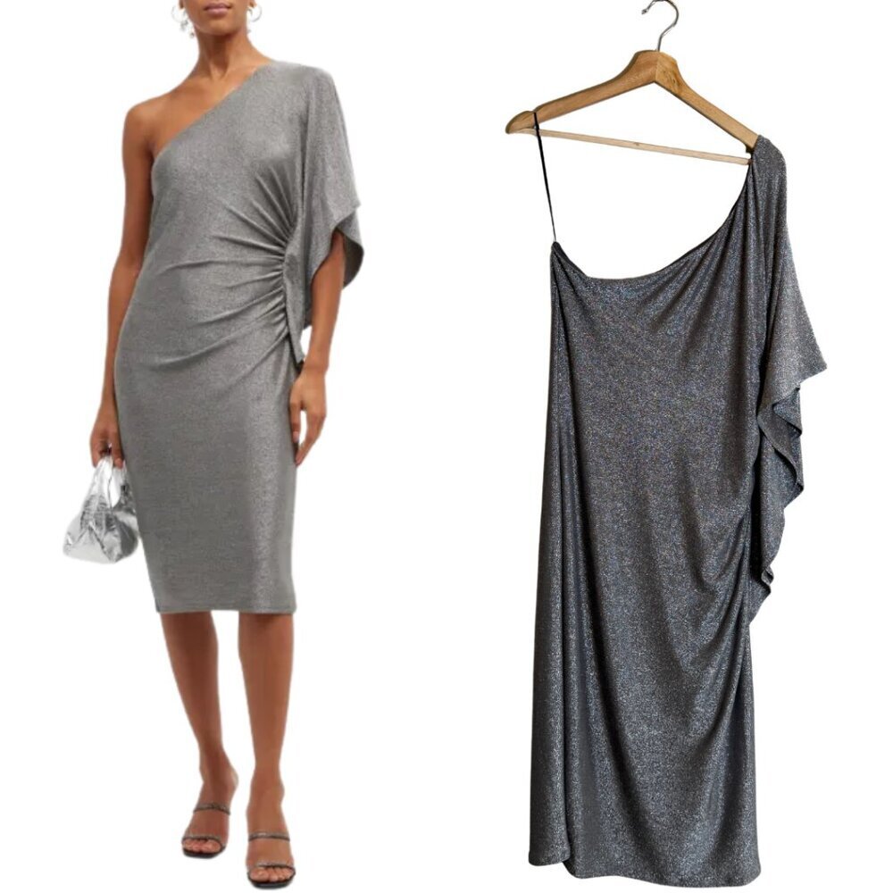 Trina Turk Ratio Ruched One-Shoulder Shimmer Mini Dress Women's XL Silver NWT - Picture 2 of 16
